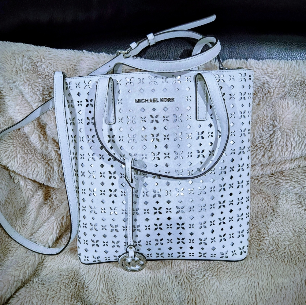 Michael Kors Hayley White/ Silver Perforated Leather Tote